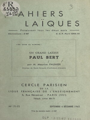 cover image of Un grand laïque, Paul Bert, 1833-1886